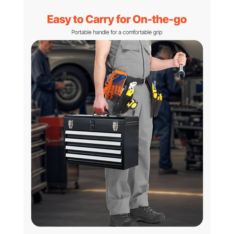 20.5-Inch Black Portable Metal Toolbox with 4 Drawers and Auto-Locking System - 20.5 x 8.6 x 14.2 in