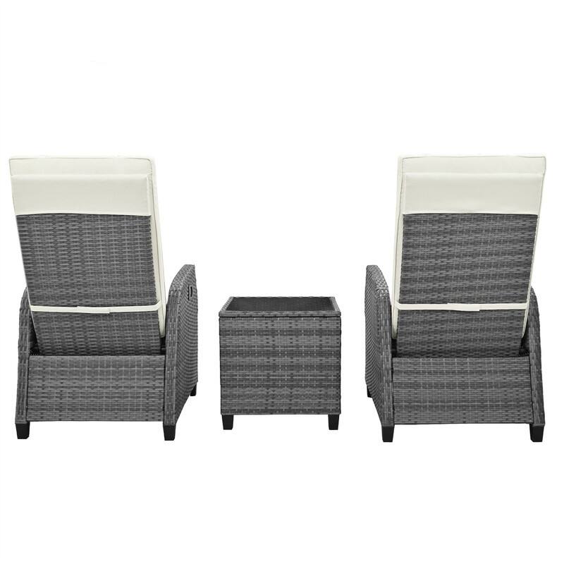 3 Pcs Patio Furniture Set, Patio Recliner Chairs Set of 2, Patio Conversation Set w/ Side Table, Outdoor Rattan Reclining Chairs