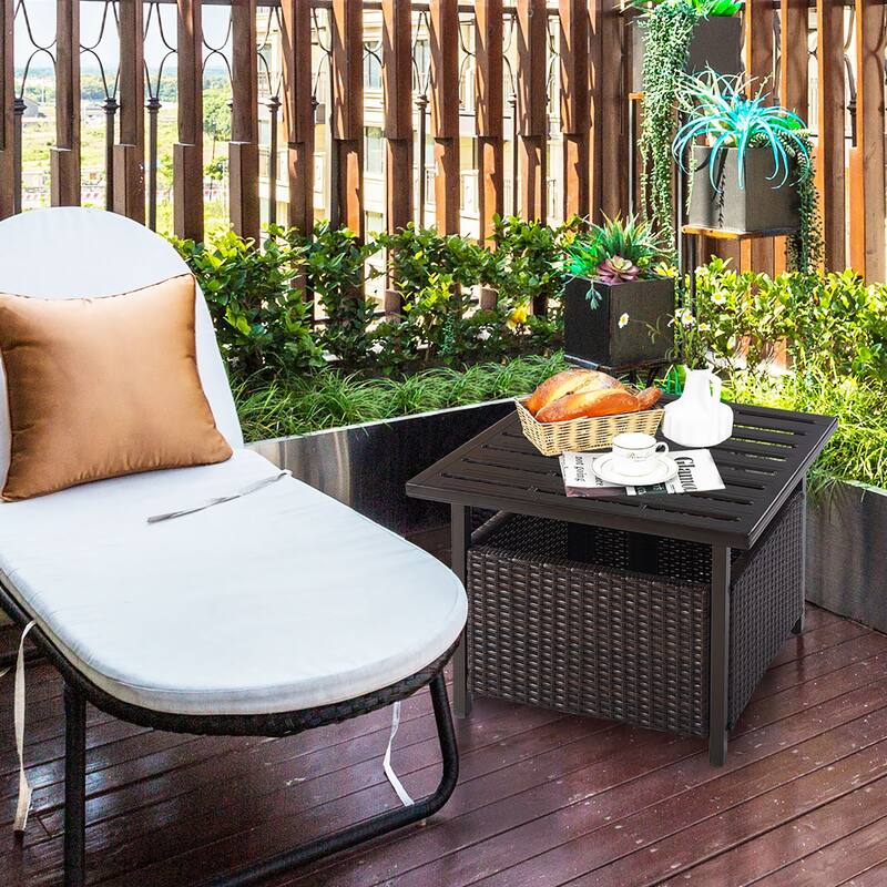 Rattan Wicker Side Table Outdoor Furniture Deck Umbrella Table Brown