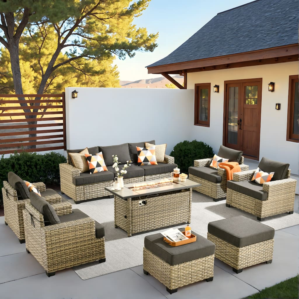 HOOOWOOO 10-piece Outdoor Wicker Wide Arm Patio Furniture Set with Fire Pit