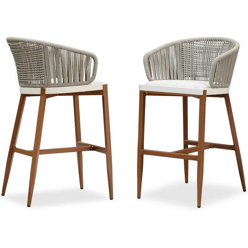 PURPLE LEAF Outdoor Bar Stools Set of 2 Patio Metal Modern Wicker Bar Chairs Woven Aluminum Barstools - N/A - Teak-Hight stool
