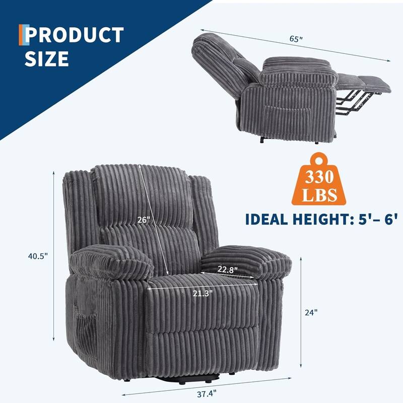 Corduroy Recliner Chair, Manual Recliner Sofa with Handle