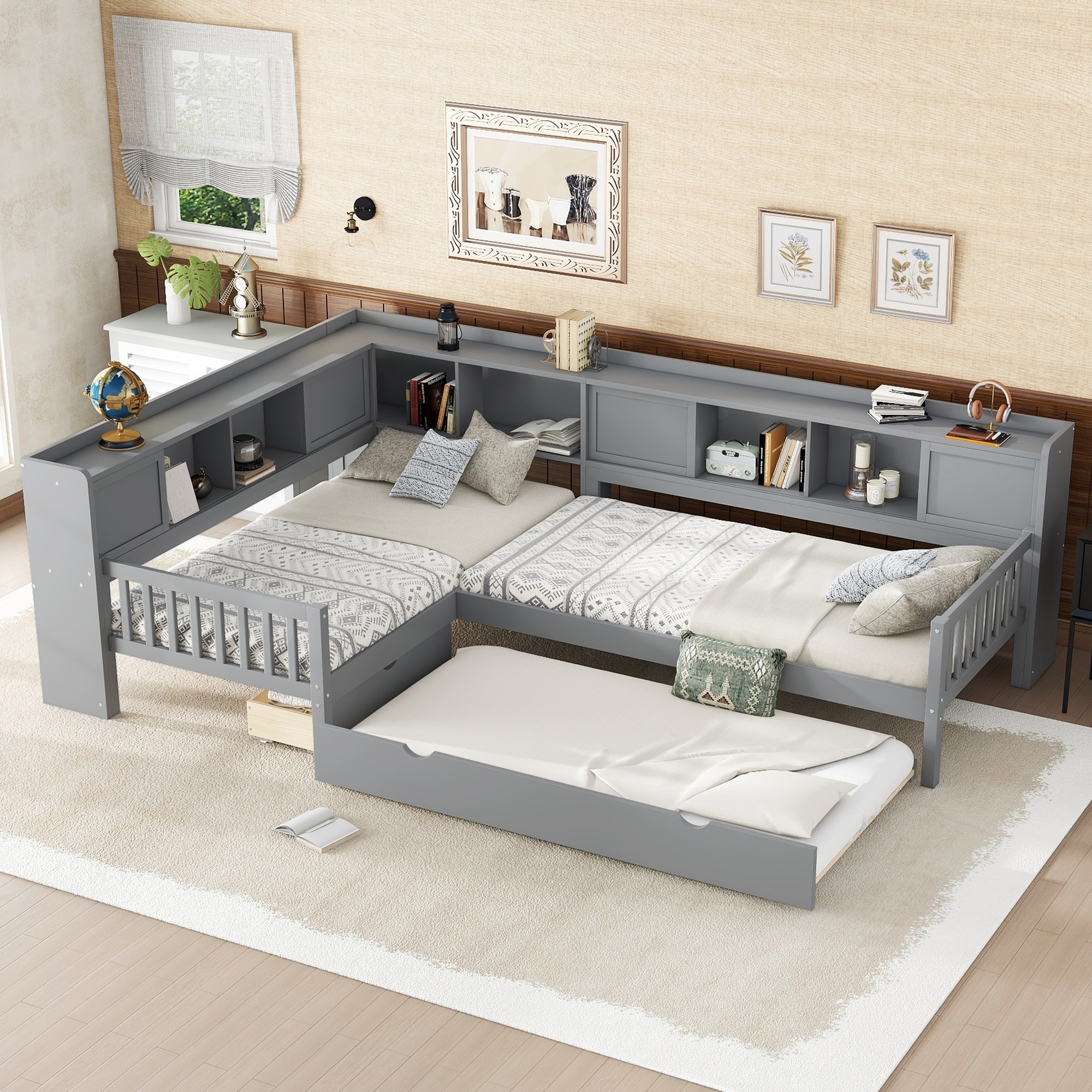 Solid Wood L-shaped Platform Bed with Storage Drawers and Trundle