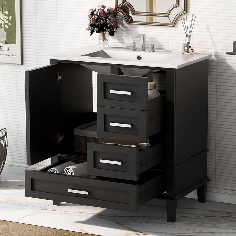 30" Elegantly Modern Bathroom Vanity with Sink Combo Set and 1 Soft Closing Door and 3 Drawers