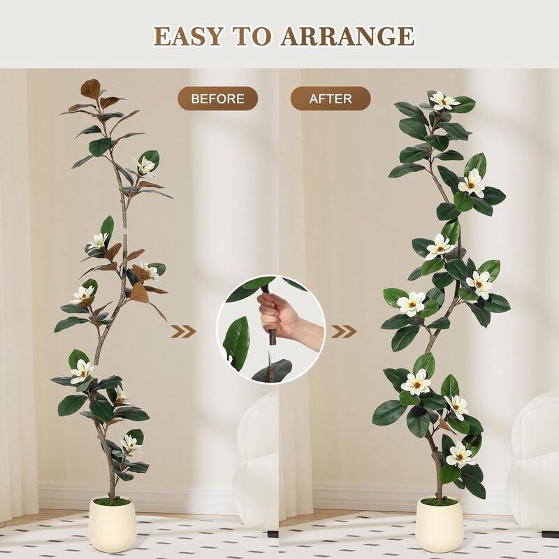 Artificial Faux Rubber Tree with Magnolia Flowers for Home Decor