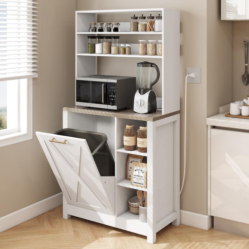 Moasis 6-Tier Bakers Rack Cabinet with Microwave Stand and Trash Can Bin, Coffee Bar Table Station with Power Outlets