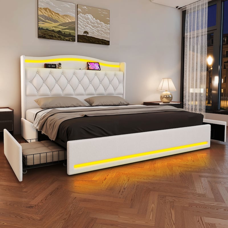 Moasis Queen Size Velvet Upholstered Bed Frame with 4 Storage Drawers & RGB Lights - Beige - King