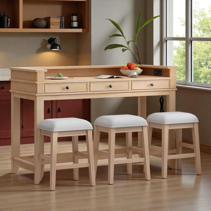 4-Piece Bar Table Dining Set for 3, 53" High Table with 3 Storage Drawers, USB Ports & 3 Upholstered Stools - Natural