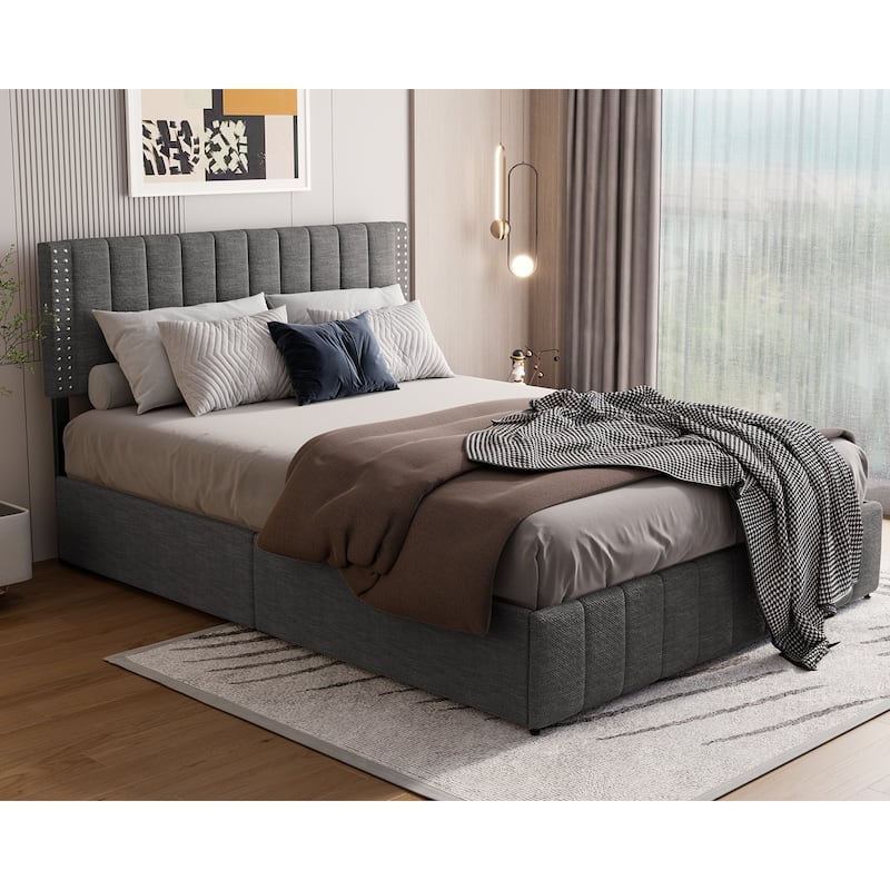 Full/ Queen Platform Bed Frame with 4 Storage Drawers Adjustable