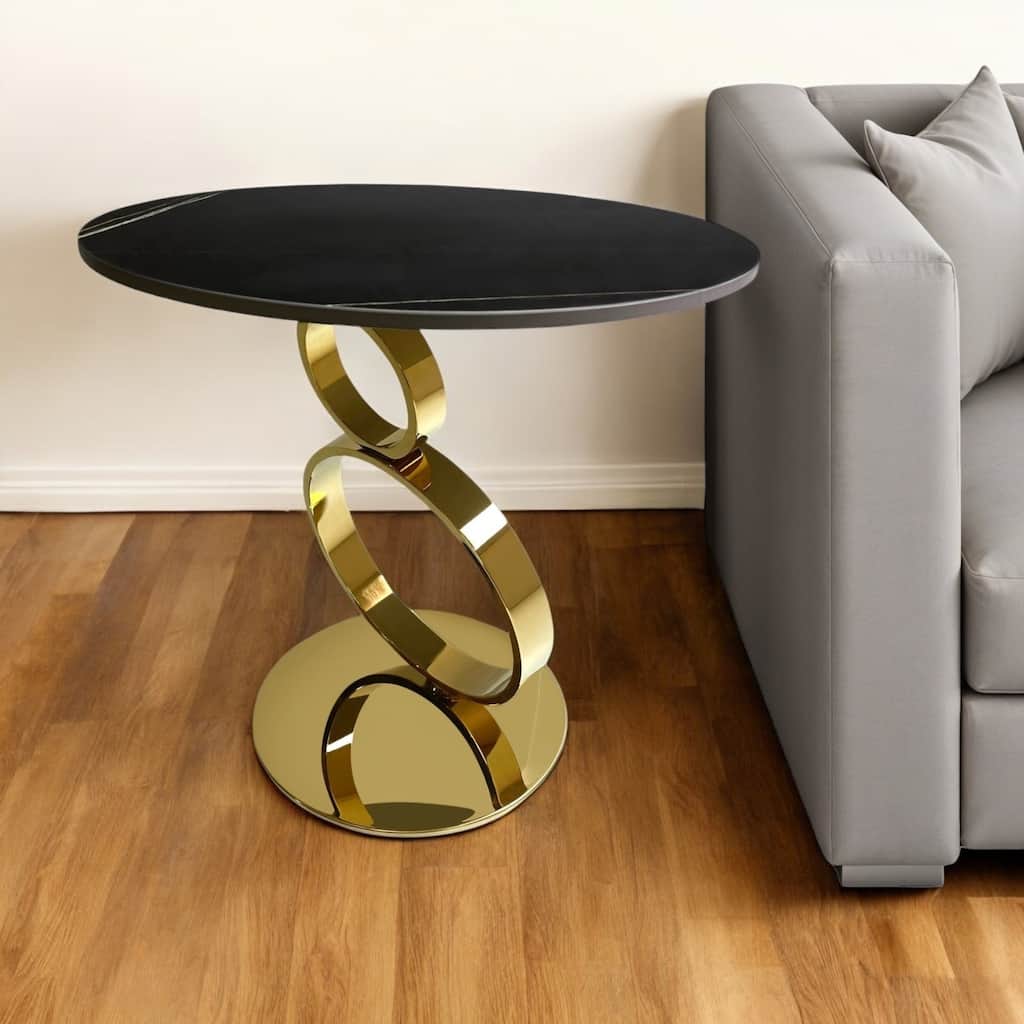 HomeRoots 21" Black And Gold Stone And Stainless Steel Round Pedestal End Table - 21.6' X '20.9' X '21.6