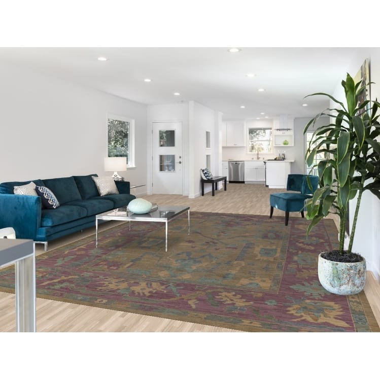Hand Knotted Oriental 100% Wool Carpet Transitional All-Over Green Oushak Area Rug - 12' 0'' X 9' 1''