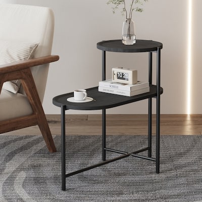 Round Coffee Table with Storage Tray 2 Tier Oval End Tables Wooden Small Side Table for Living Room