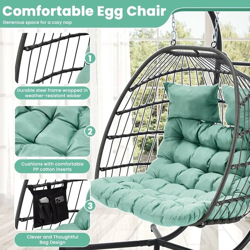 EROMMY Hanging Egg Chair with Stand, Portable Indoor/Outdoor Swinging Chair Featuring Cushion and Pillow, Wicker Swing,Blue