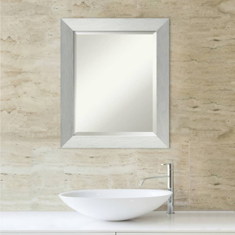 Beveled Wood Bathroom Wall Mirror - Brushed Sterling Silver Frame