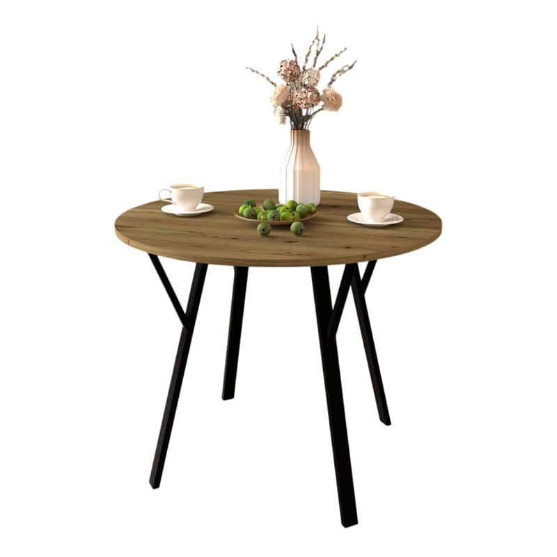 35.43 Inch Round Dining Table with Black Metal Legs, Brown Industrial Kitchen Table(only table)