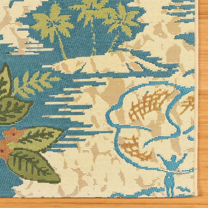 Reyn Spooner Fresco Lanai Beige/Blue Tropical Island Volcano Flatweave Indoor/ Outdoor Area Rug