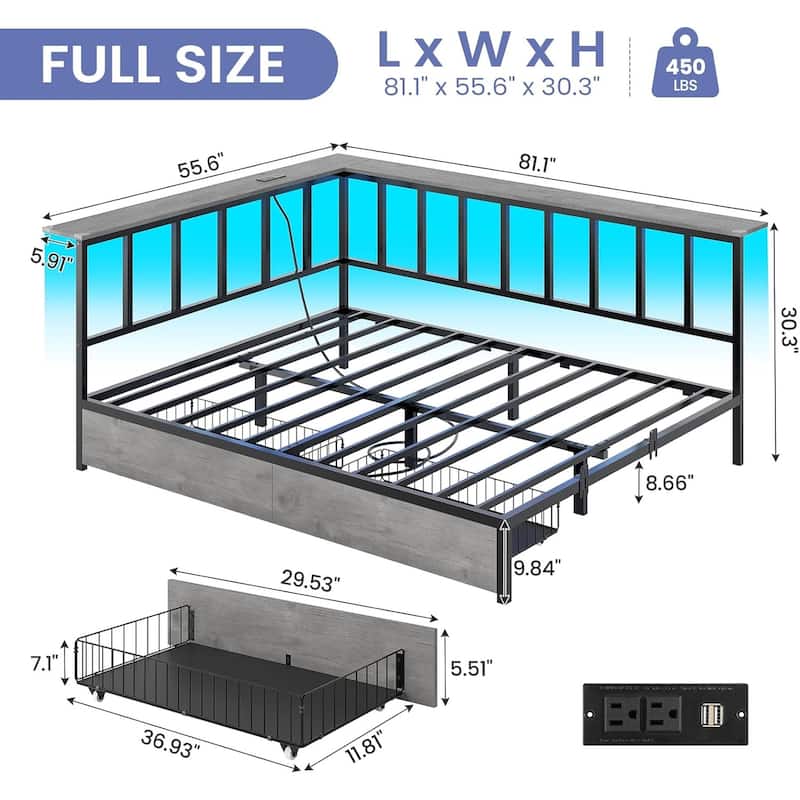Corner Bed Frame 2 Storage Drawers Daybed Charging Station LED Lights