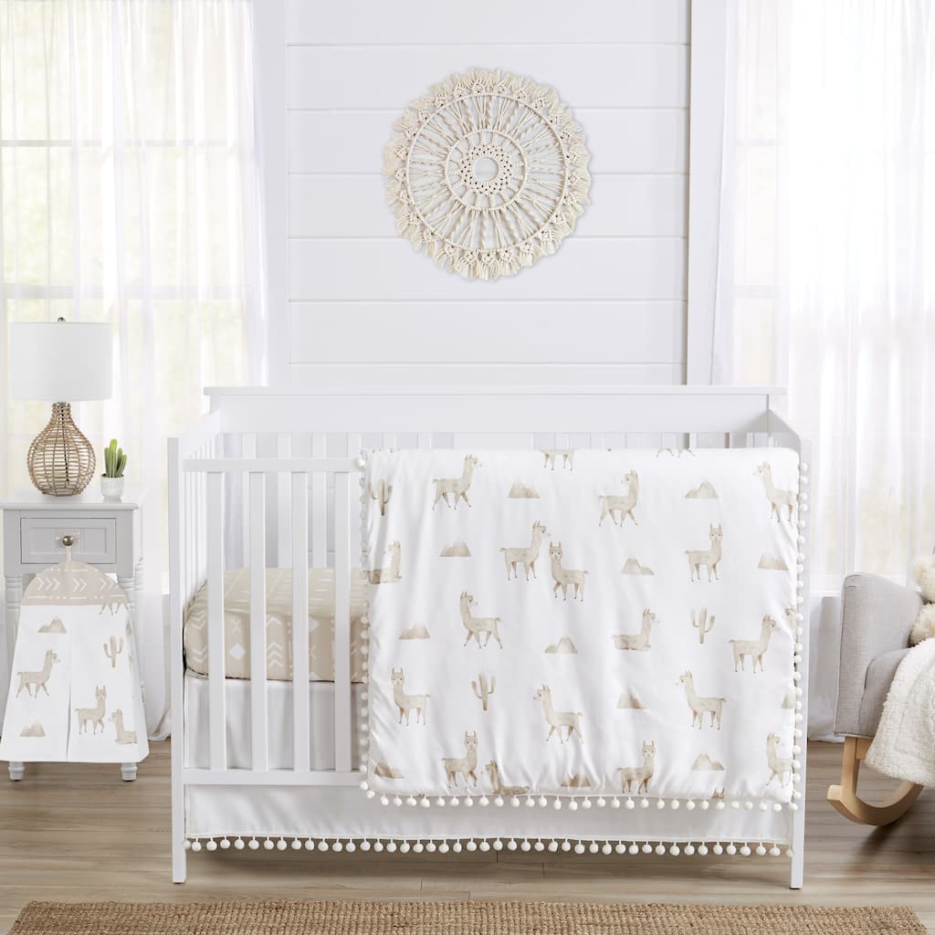 Boho Llama Boy Girl 4pc Nursery Crib Bedding Set - Gender Neutral Beige Taupe Bohemian Southwest Watercolor Mountain Farmhouse