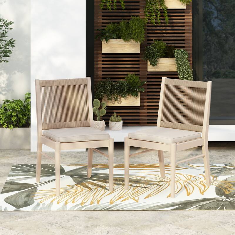 Cascade Outdoor Acacia Wood Dining Chairs With Cushions (Set of 2) by Christopher Knight Home - Bleach+Yellow Rope