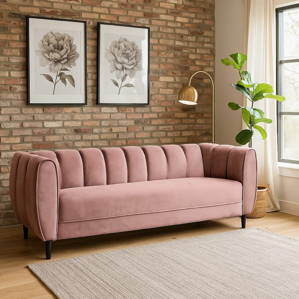 Orla Sofa, 83 Inch, Retro Channel Tufted Stitch Design, Pink Velvet
