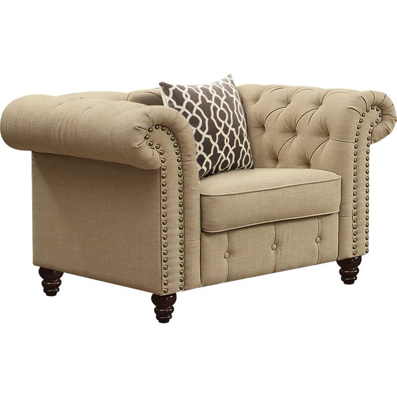 Beige 29" Linen Chair with Turned-Bun Legs