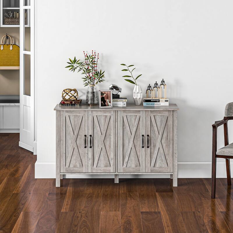 Buffet Cabinet, 47" Sideboard with 4 Barn Doors and 2 Adjustable Shelves - Gray