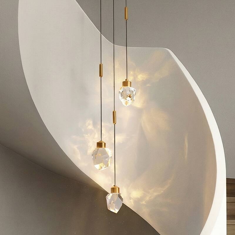 9'' Modern 3-Light Diamond Shape Crystal Cluster Integrated LED Pendant In Antique Gold Round Ceiling Lamp - W9'' - W9'' - Antique Brass