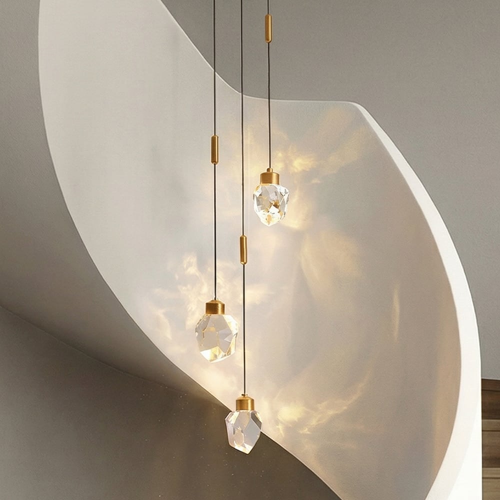 9'' Modern 3-Light Diamond Shape Crystal Cluster Integrated LED Pendant In Antique Gold Round Ceiling Lamp - W9''