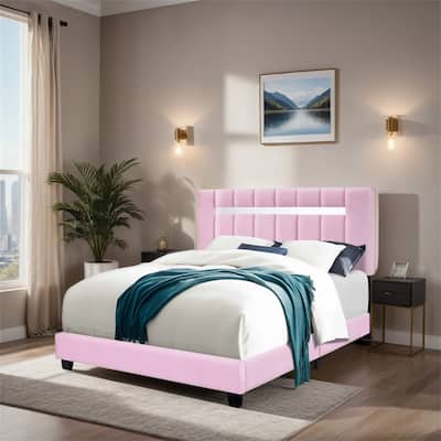 Pink Velvet Upholstered Bed Frame with Adjustable Features