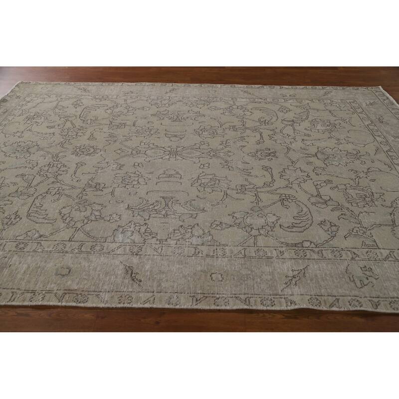 Distressed Beige Tabriz Persian Vintage Rug Handmade Wool Carpet - 6'6"x 9'7"