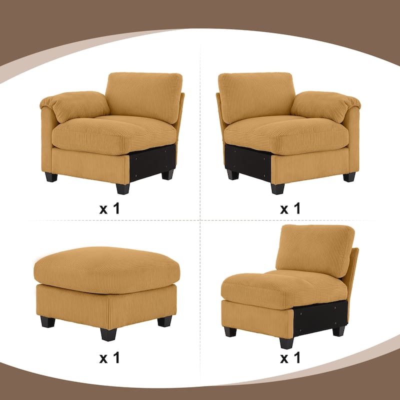 Corduroy Sectional Sofa with a Removable Ottoman, L-shaped Reversible 4-seat Modular Couch