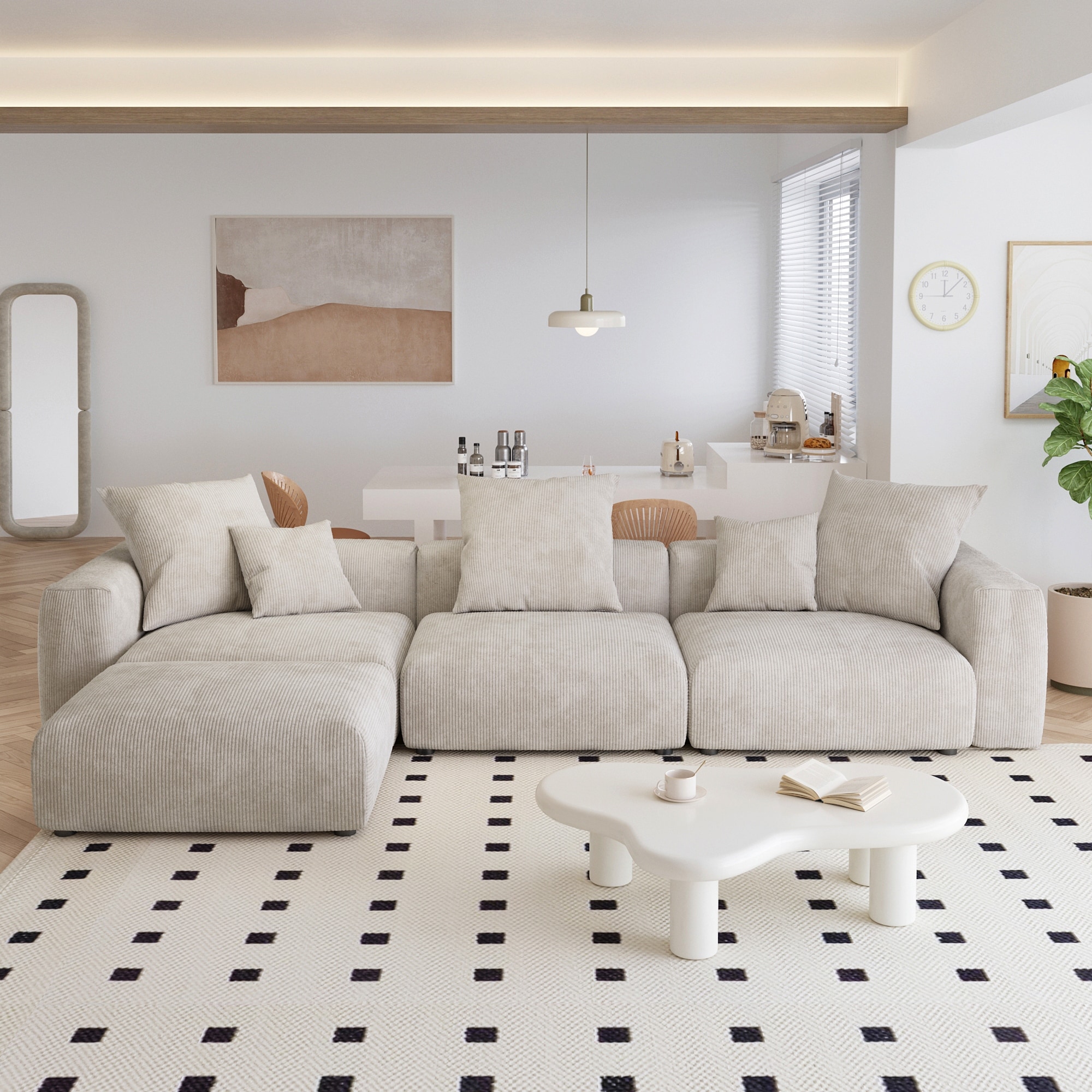 L Shaped Modern Sectional Couch Sofa with 5 Pillows and Chaise Ottoman, Cushion Covers Removable