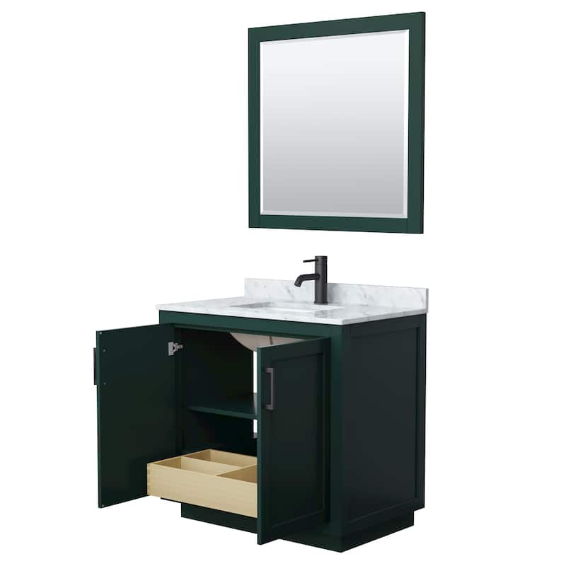 Miranda Single Vanity Set, White Carrara Marble Top, 34-Inch Mirror