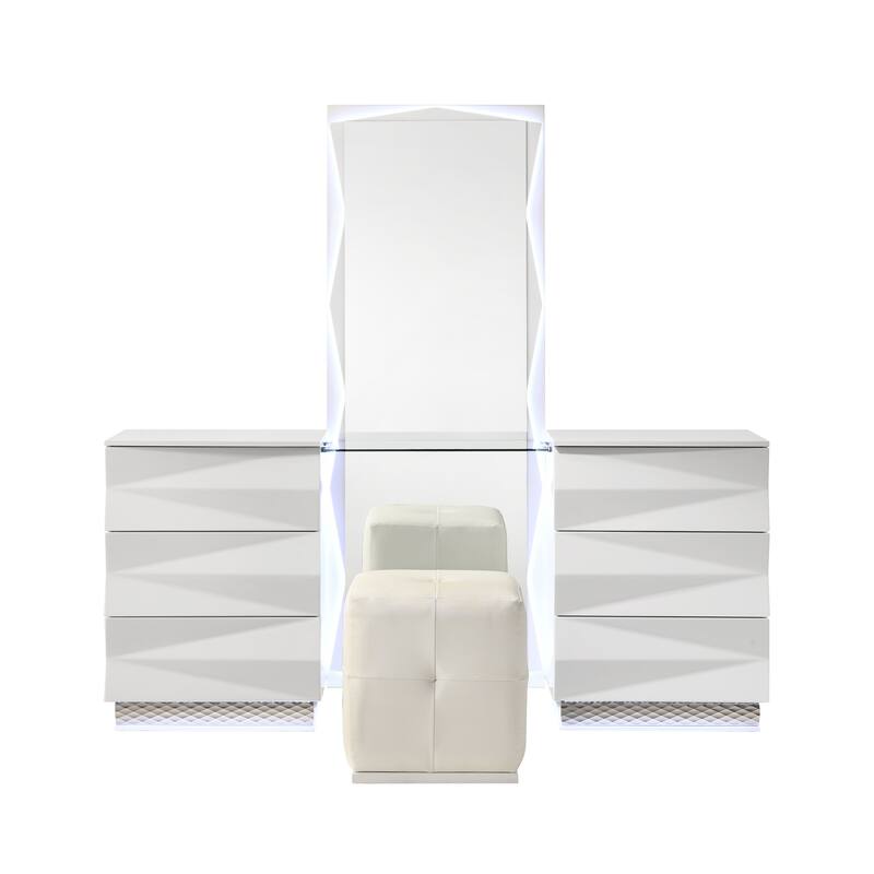 Furniture of America Emrix Modern 2-Piece White 6-Drawer Vanity Set with LED Light and Full-Length Mirror
