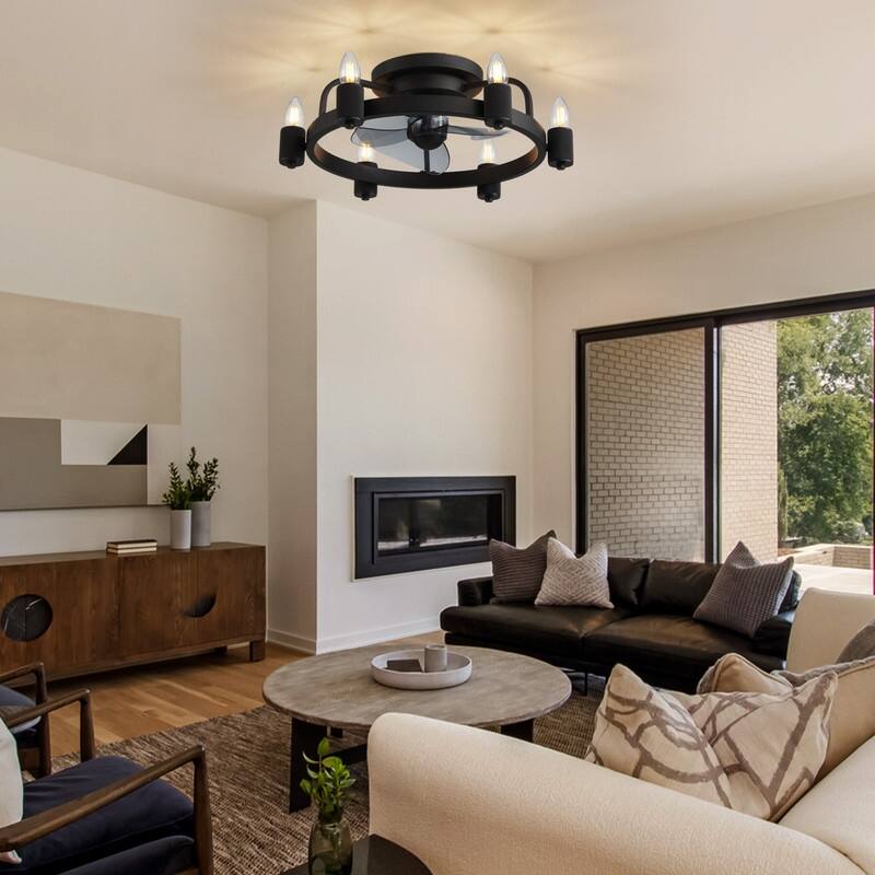 20 in. Black Ceiling Fans with Lights Low Profile Flush Mount Ceiling Fan with Remote Farmhouse Rustic Ceiling Fan for Bedroom