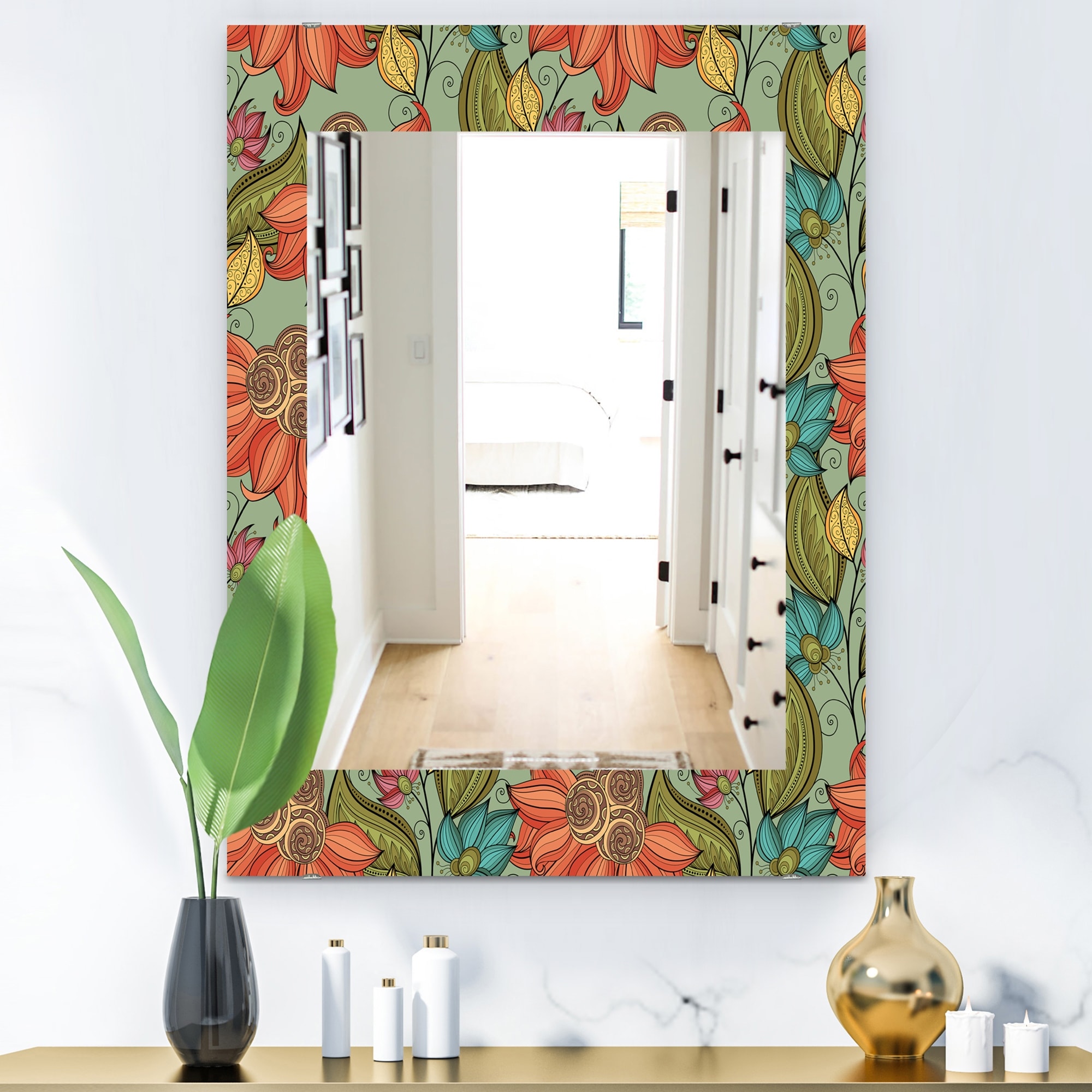 Designart 'Colorful Floral Pattern I' Bohemian and Eclectic Mirror - Modern Printed Wall Mirror