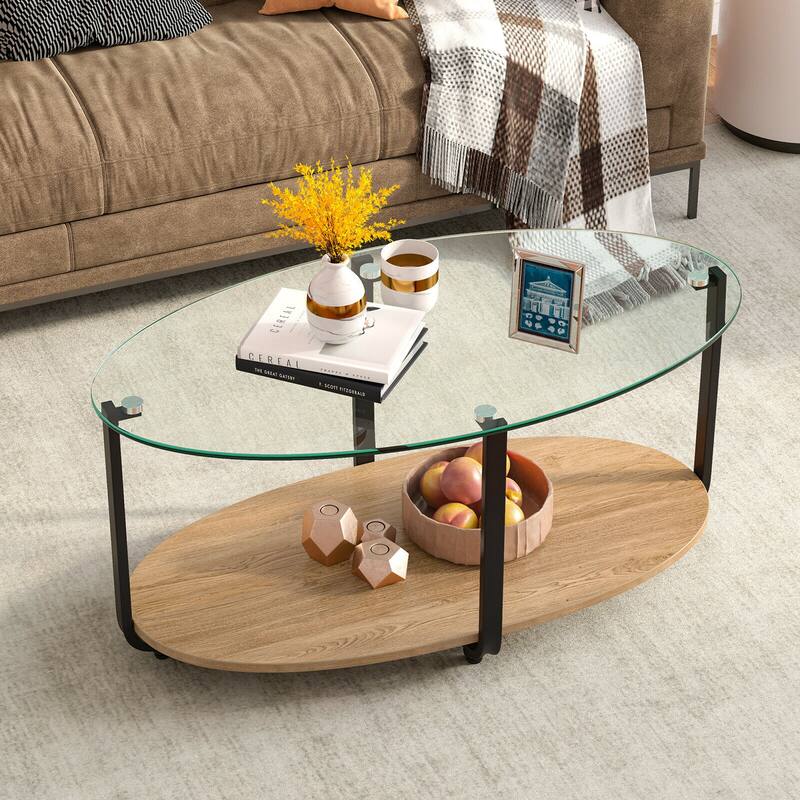 Gymax Glass-Top Coffee Table 2-Tier Modern Oval Side Sofa Table w/