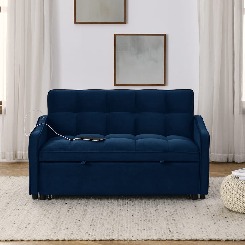 Modern Loveseat Sofa Bed With Pull-out Bed,TypeC and USB Charging - Blue
