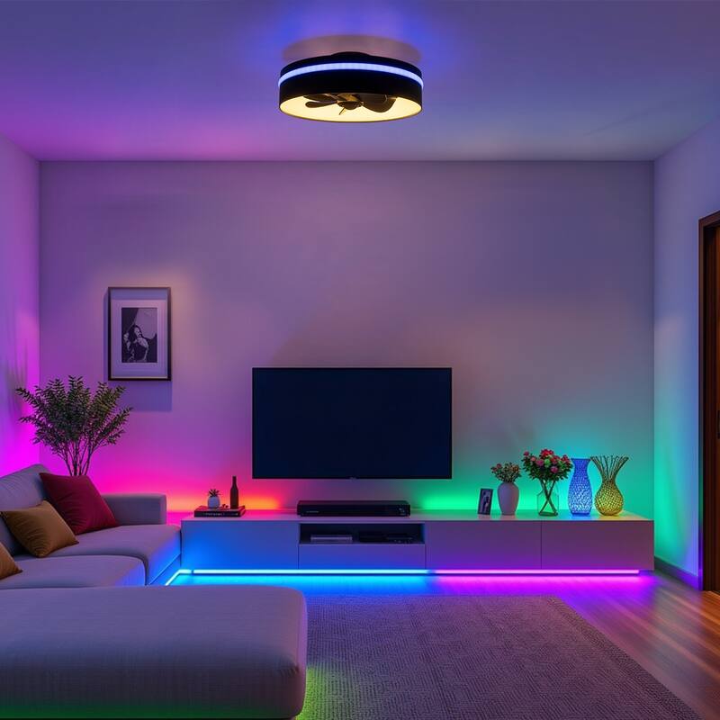 17.7" Modern Black LED Ceiling Fan with Light and Remote, Dimmable & Color Changing, 6 Speeds, Timer, Reversible Motor