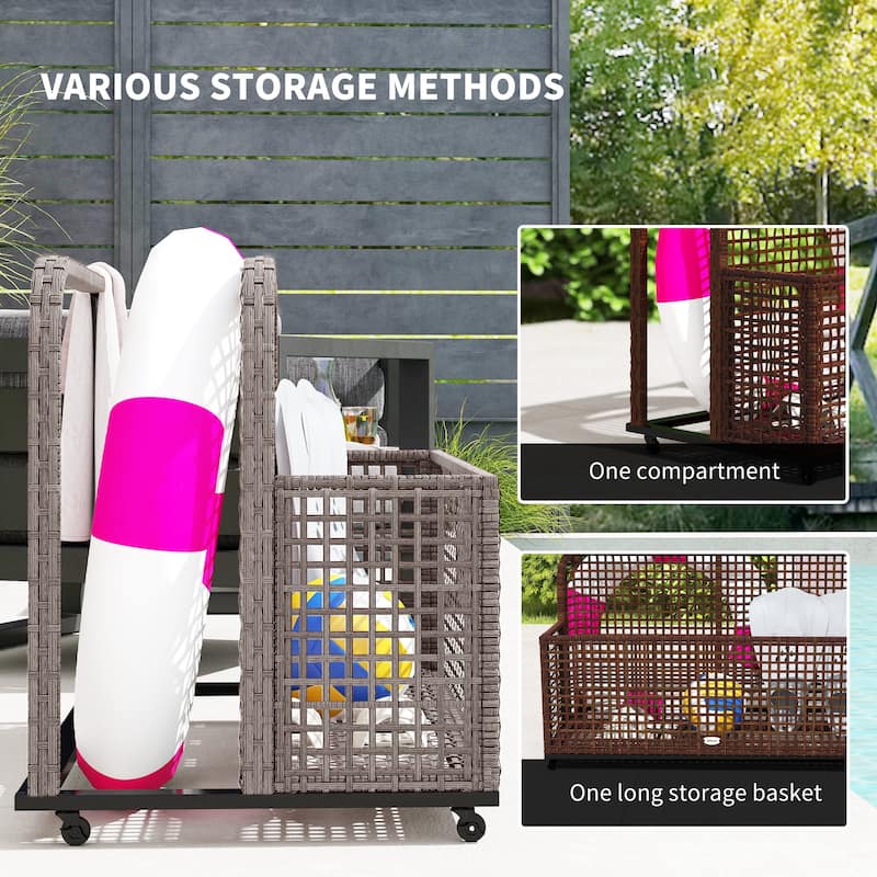 Light Grey Rattan Mobile Two-Section Storage Basket with Steel Frame for Indoor or Outdoor - 43.25" L x 22.5" W x 28" H
