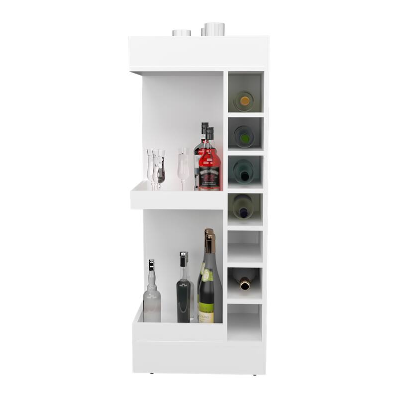 Modern Corner Bar Cabinet with Open Shelves and Wine Rack, Space-Saving Liquor Storage Solution