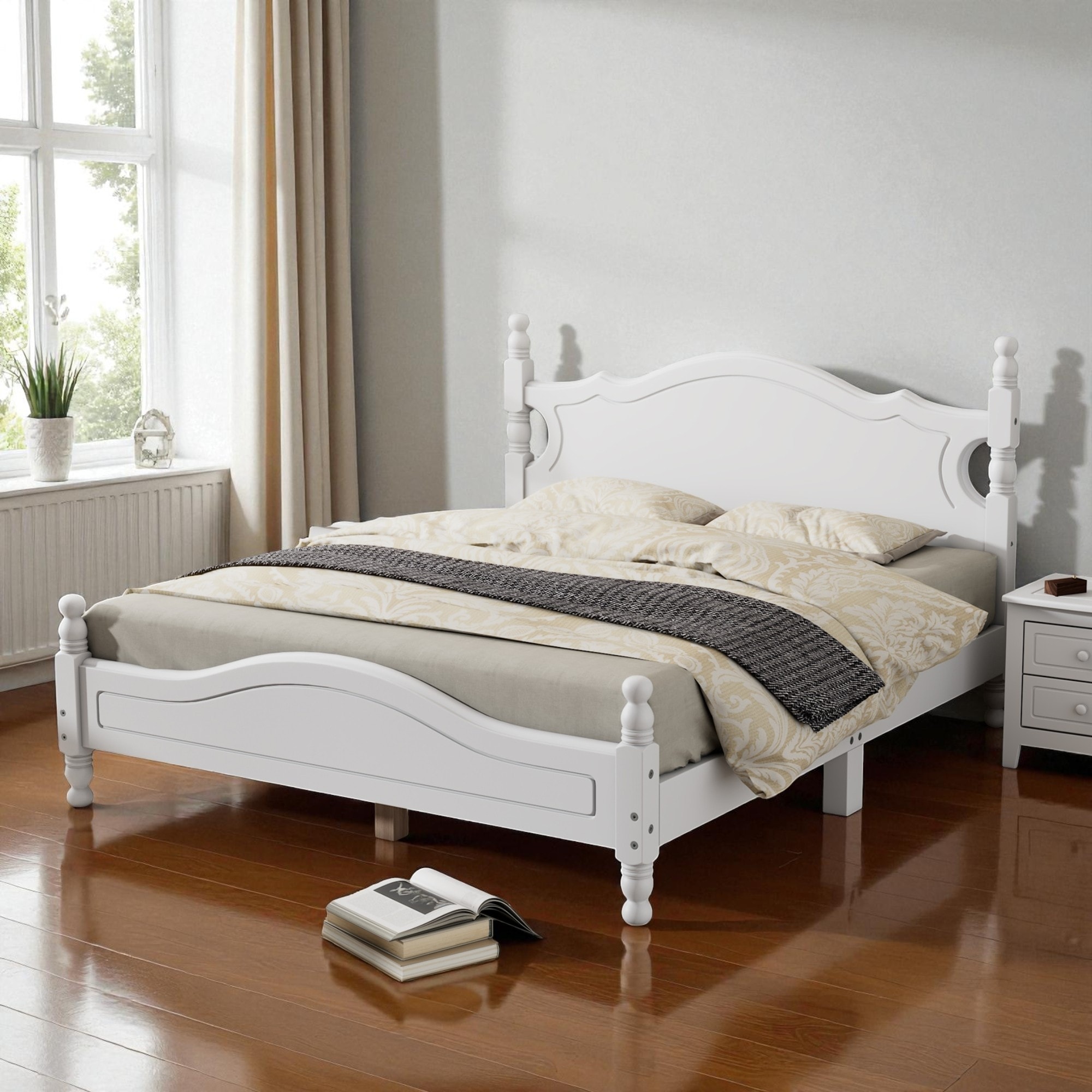 Full/Queen Size Wood Platform Bed Frame with Headboard, Retro Solid Wood Bed with Slat Support, No Box Spring Needed