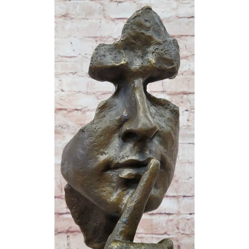 Abstract Dali Bronze Face Sculpture – Silence Shushing Statue On Marble Base