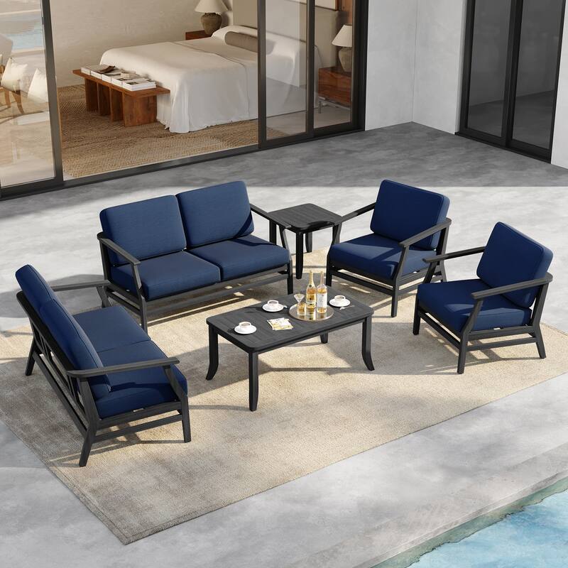 6-Seat Outdoor Teak Wood Patio Conversation Set with Cushions Tables