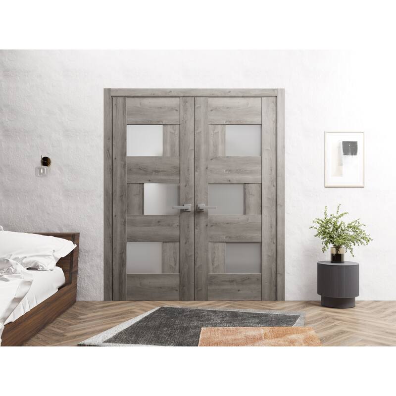 Solid French Double Doors 36 x 80 inches | Sete 6933 Nebraska Grey with Frosted Glass