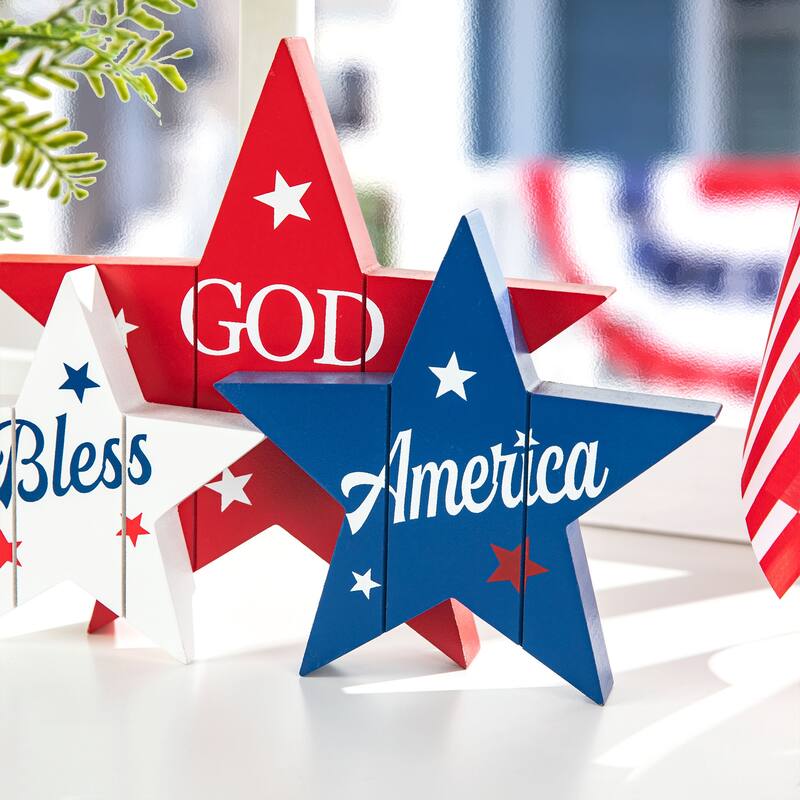 Glitzhome Wooden Patriotic/Americana Houses Stars Table Decor