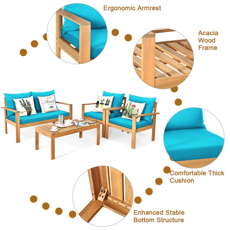 Costway 4PCS Patio Furniture Set Acacia Wood Thick Cushion Loveseat - See details