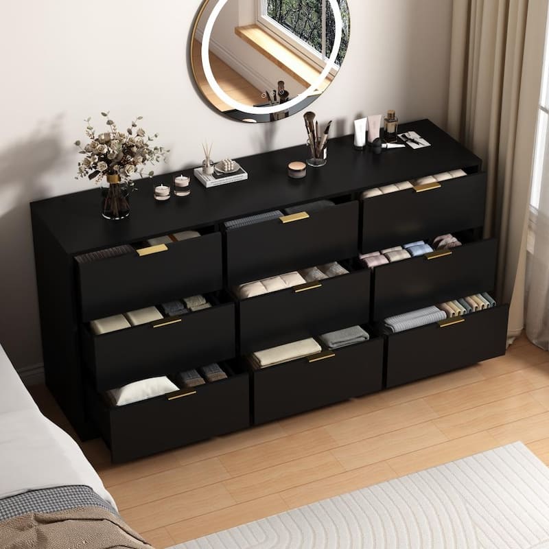 63" Large Wooden Deep Chest 9 Drawer Dresser for Living Room