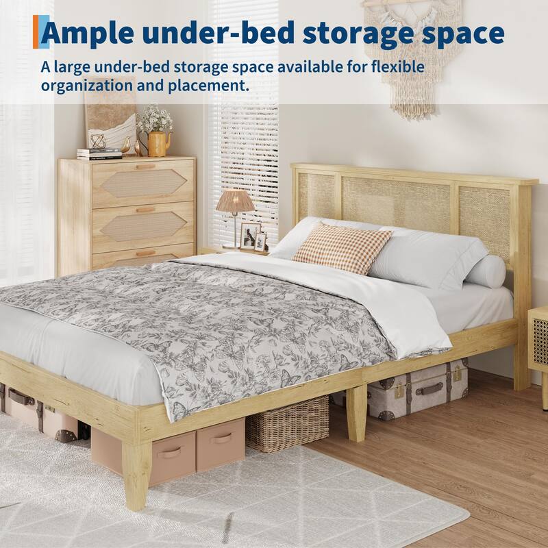Boho Rattan Headboard Bed Frame with Under-Bed Storage, Sturdy Steel Base & Wooden Slats, No Box Spring Needed