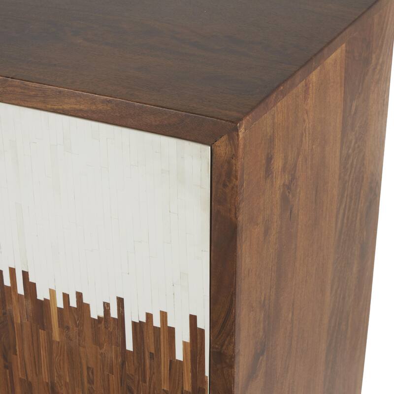 Brown or Black Mango Wood 3 Door and 3 Shelf Abstract Media Credenza Sideboard with White Front and Striped Pattern